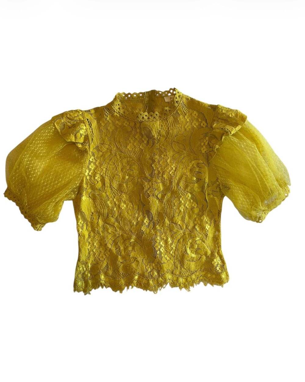 Peach Floral Lace Puff Sleeve Cropped Top in Yellow